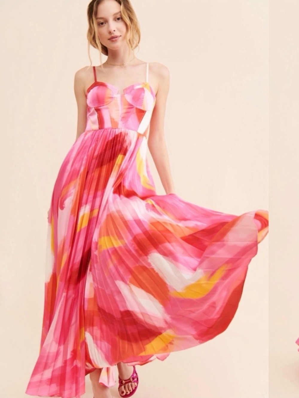 Hutch Mali Bustier Pink Multi-Color Pleated Maxi Dress Pink/Yellow Size 14